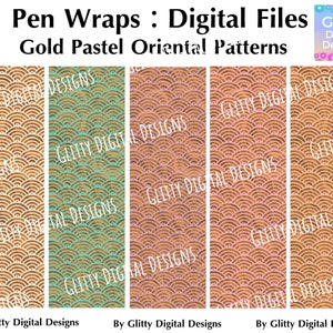 Glitter Pen Wraps , Gold Pastel Oriental Patterns , 5 Pen Wraps Digital Files , Gold Mermaid Scales , Metallic Waves ,Instant Download