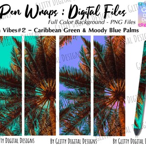 Könnte beinhalten: Digitales Stift-Wrap-Design mit einer Palme vor einem türkisfarbenen und blauen Hintergrund. Das Design trägt den Titel "Beach Vibes #2 - Caribbean Green & Moody Blue Palms".