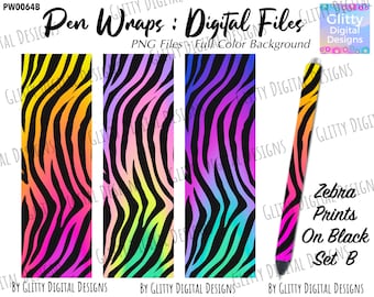 Neon Zebra on Black Pen Wraps Set B - Rainbow Safari Animal Pen Wrap Waterslide Decals , Ink Joy Size , PNG Files , Digital Pen Wraps