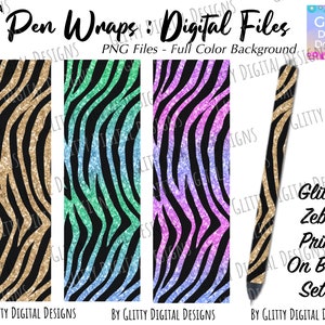 May include: Set of four digital pen wrap designs featuring glitter zebra prints on a black background. The designs include gold, teal, and purple glitter zebra prints.