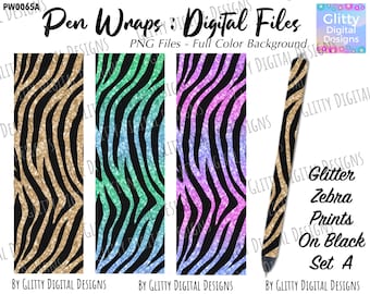 Glitter Pen Wraps Zebra on Black Set A - Rainbow Safari Animal Pen Wrap Waterslide Decals , Ink Joy Size , PNG Files , Digital Pen Wraps