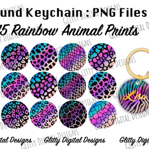 Rainbow Animals Prints Round Keychain PNG - Safari Leopard Cheetah Zebra Giraffe Print PNG , Circle Keychain Patterns , Digital Download