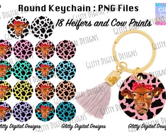 May include: Set of 18 round cow print keychains with a pink, black, and white cow wearing a red bandana and glasses. The keychains are attached to a gold metal ring with a tassel.