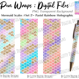 Glitter Pen Wraps , Gold Mermaid Scales on Pastel Rainbow Holographic Background , Ink Joy Pen Wraps Digital Files , Instant Download