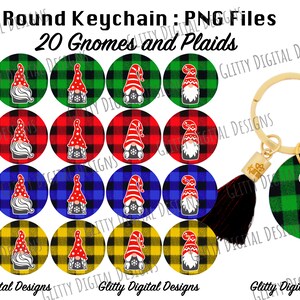 May include: Twenty round keychains featuring gnomes with plaid patterns in red, green, blue, and yellow. The keychains are designed with a black and white plaid pattern. The text "Round Keychain: PNG Files 20 Gnomes and Plaids" is at the top of the image. The text "Glitty Digital Designs" is at the bottom of the image.