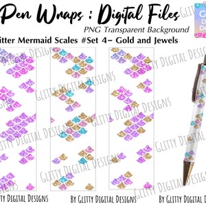 Glitter Pen Wraps , Gold and Jewels Mermaid Scales Transparent Background ,Ink Joy Pen Wraps PNG Files , Instant Download