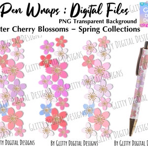 Cherry Blossoms Glitter Pen Wraps, Glitter & Gold Sakura, Pen Wrap for Waterslide, Pliki PNG, Przezroczyste tło, Natychmiastowe pobieranie