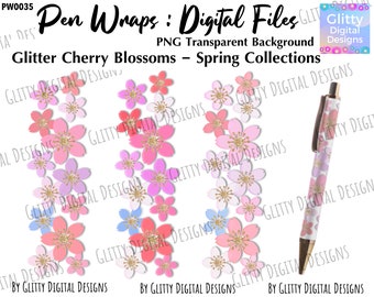 Kirschblüten Glitter Pen Wraps, Glitter & Gold Sakura, Stift Wrap für Wasserrutsche, PNG-Dateien, transparenten Hintergrund, Instant Download