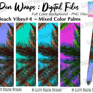 Könnte beinhalten: Digitales Stift-Wrap-Design mit einem Palmenmuster in gemischten Farben auf blauem, türkisfarbenem und rosafarbenem Hintergrund. Das Design ist mit "Beach Vibes #4 - Mixed Color Palms" beschriftet.
