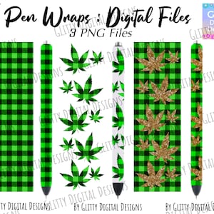 Cannabis gröna betalda pennwraps, guldfärgade marijuanabladpenndekaler, Weed Pen Wrap vattenrutschkana dekaler för penna, Ink Joy, PNG-filer