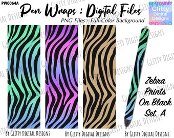 Neon Zebra on Black Pen Wraps Set A - Rainbow Safari Animal Pen Wrap Waterslide Decals , Ink Joy Size , PNG Files , Digital Pen Wraps