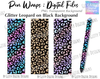 Glitter Pen Wraps , 3 Glitter Leopards - Gold Rainbow Holographic on Black Background , pen waterslide decal  , PNG Files , Digital Pen Wrap