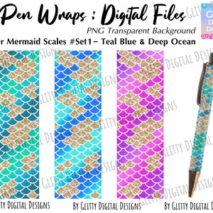 Glitter Pen Wraps , Gold Mermaid Scales on Teal Blue , Ocean , Pink Purple Background , Ink Joy Pen Wraps Digital Files , Instant Download