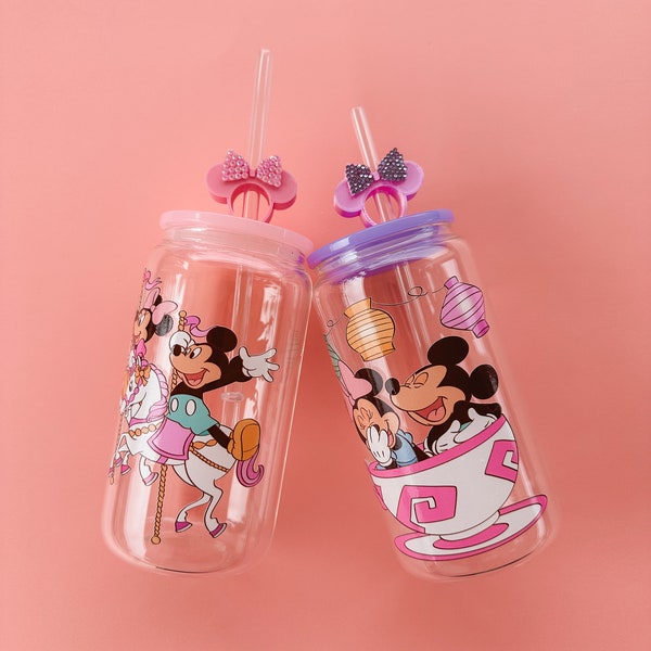 Disney Duo gobelet en verre, gobelet en verre, gobelet coquette rose, Mickey et Minnie avec couvercle en paille