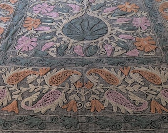 Suzani Quilt Hand Embroidered, red  Gray Cotton Bedspread with orange  green Suzani Work, Vintage Indian Boho Textile
