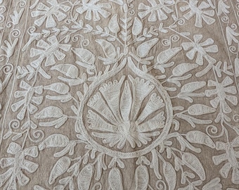 Beige  Suzani Quilt, Hand Embroidered Boho Bedspread one tone