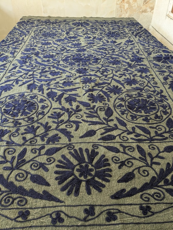 Suzani Quilt Hand Embroidered, Olive Green Cotton Bedspread with Indigo Blue Suzani Work, Vintage Indian Boho Textile