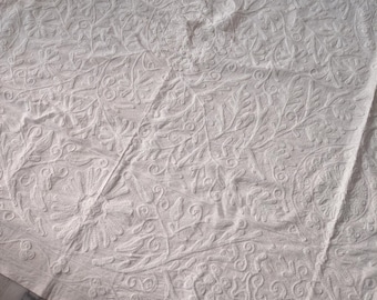 White Suzani Bed Cover, Embroidered Cotton Linen Blend