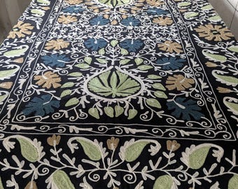 Hand Embroidered Suzani Throw Blanket | Black Cotton Floral Bed Cover
