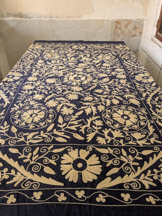 Hand Embroidered Suzani Quilt, Navy Blue Cotton Bedspread with Cream / beige Suzani Work, Vintage Indian Boho Textile