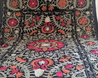 Black Suzani Quilt, Hand Embroidered Boho Bedspread