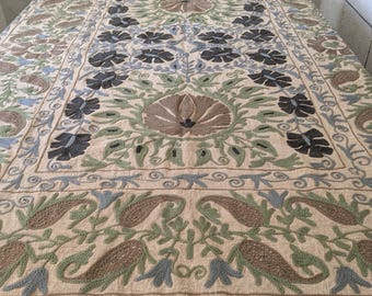 Hand Embroidered Beige Suzani , Vintage Boho Bedspread