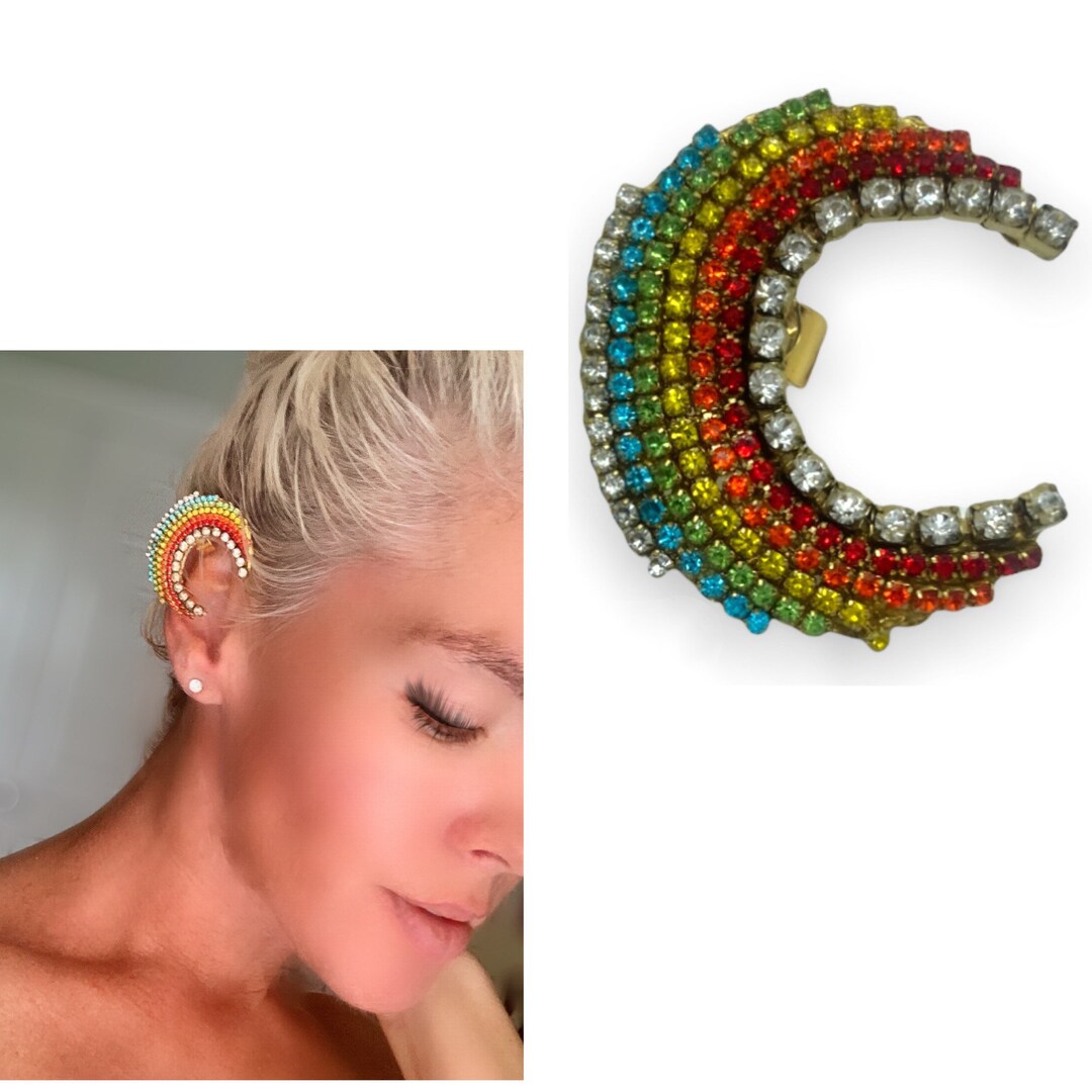 Large Adjustable Gold Moon Ear Cuff With Multicolored Rhinestones,moon