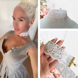 White Lace Floral Detail Choker Necklace,Floral Choker,Statement Necklace,Choker With Roses,White Choker,Lace Choker