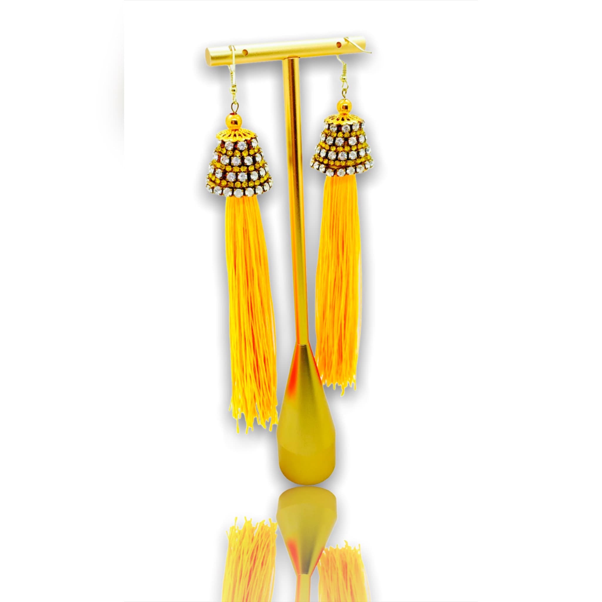 Yellow Tassel Earrings With Rhinestone Cap,yellow Silk Tassel Earrings
