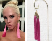 Long Pink Silk Tassel Earrings With Rhinestones,Trendy Pink Earrings Statement Earrings,Rhinestone Tassel Earrings,Shoulder Duster Earrings