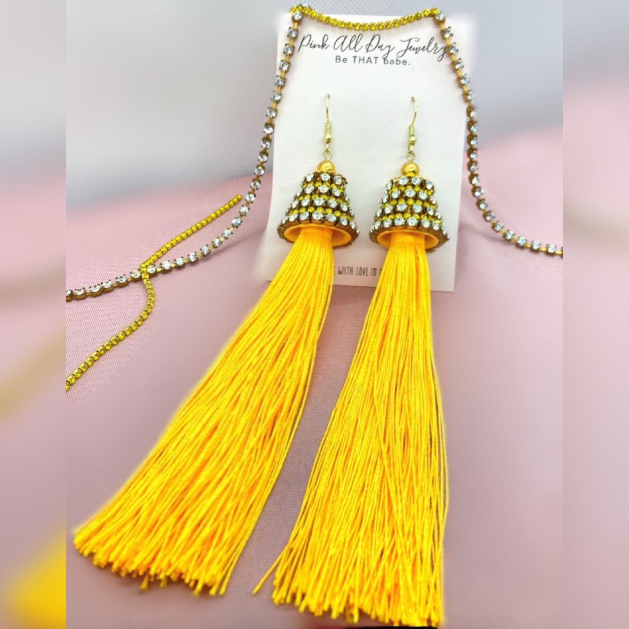 Yellow Tassel Earrings With Rhinestone Cap,yellow Silk Tassel Earrings
