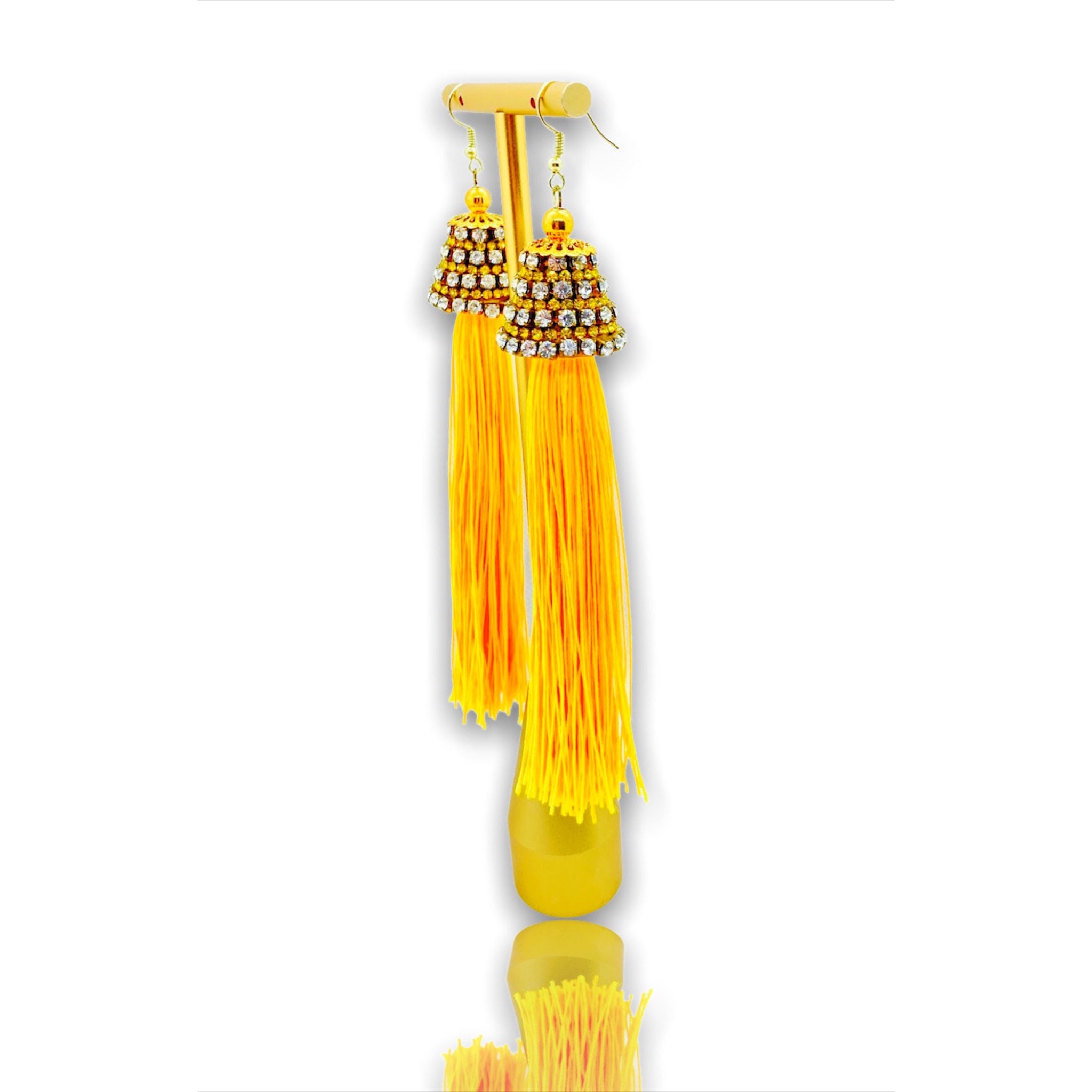 Yellow Tassel Earrings With Rhinestone Cap,yellow Silk Tassel Earrings