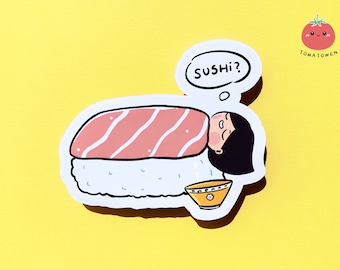 Salmon Sushi | Funny cute cartoon glossy sticker | 'Miyo's Food Party' series Designed by Tomatowen