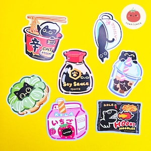 Sueño culinario de Kola 1 / Pegatina semibrillante divertida / Dibujo animado de un simpático gato negro