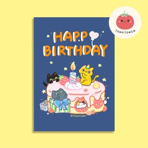 Joyeux anniversaire | Carte postale drôle de célébration de dessin animé de chat mignon