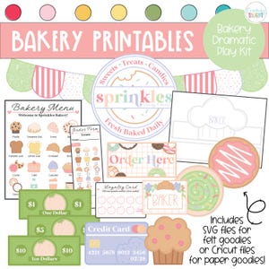 May include: Printable bakery play kit with a pink, green, and white color scheme. The kit includes a bakery menu, order form, loyalty card, credit card, and various bakery items like cupcakes, donuts, and cookies. The text "Sprinkles Fresh Baked Daily" is featured on a pink and white circle.