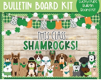 Pode incluir: Um kit de quadro de avisos com um esquema de cores verde, branco e laranja. O kit inclui uma faixa com trevos e o texto "This Class Shamrocks!" O kit também inclui imagens de cães com acessórios temáticos de trevo.
