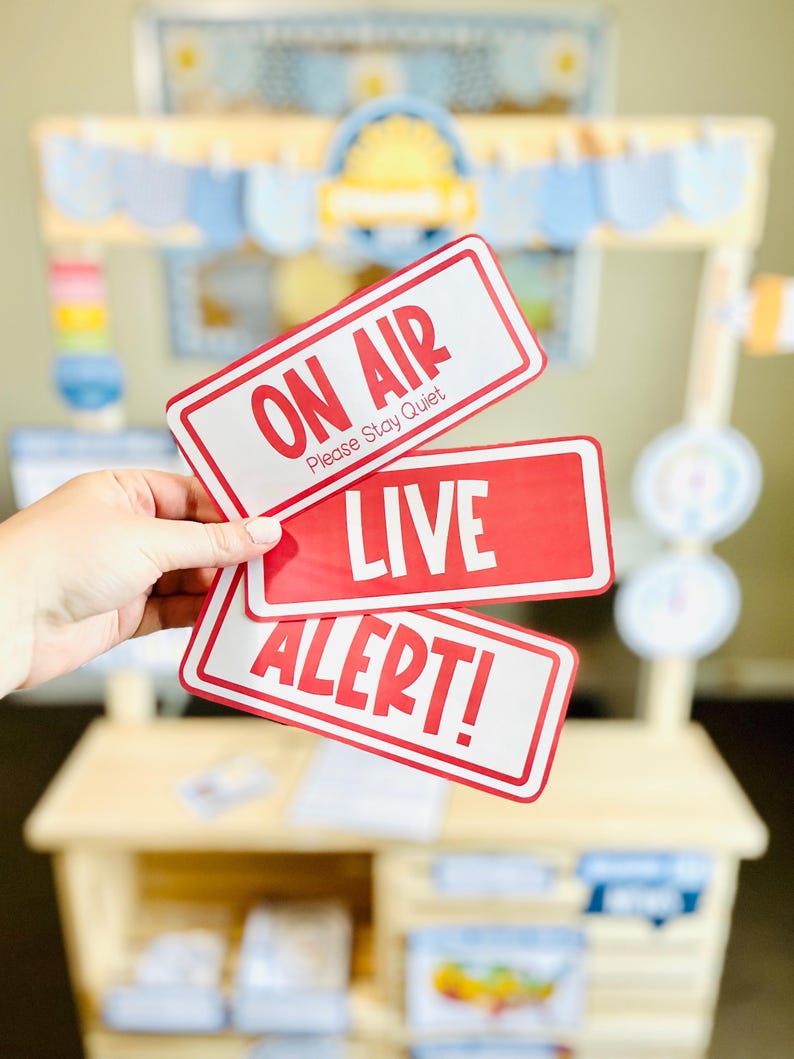 May include: Three red and white rectangular signs with text: "ON AIR Please Stay Quiet", "LIVE", and "ALERT!". The signs are held in front of a wooden play stand with a blue and yellow awning.