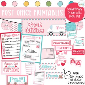May include: A printable Valentine's Day post office play kit with 20+ pages of decorations and resources. The kit includes a price list, a how-to-address envelope, a mail truck, a first class priority mail label, a fragile handle with care label, a come in we are open sign, a drop off here sign, a receipt, a tracking card, a letters sign, a parcels sign, and happy mail and happy Valentine's Day signs.