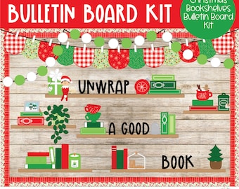 May include: A Christmas-themed bulletin board kit with a wooden background and shelves. The kit includes a banner with red and green decorations, a sign that says "Unwrap a Good Book", and a variety of book-themed decorations.