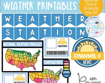 Könnte beinhalten: Ein farbenfrohes Wetterstation-Drama-Spiel-Kit mit dem Text "Weather Printables" und "Weather Station". Enthält ein Wetterrad, Prognosekarten und Namensschilder für Rollen wie Meteorologe und Kameramann.