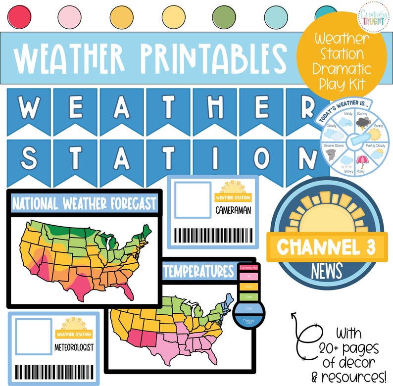 May include: A colorful weather station dramatic play kit with the text "Weather Printables" and "Weather Station". Includes a weather wheel, forecast maps, and name tags for roles like meteorologist and cameraman.