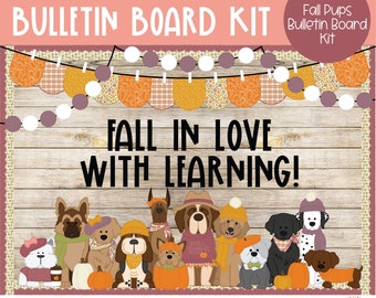 Pode incluir: Kit de quadro de avisos de outono com fundo de madeira e uma faixa que diz "Apaixone-se pelo aprendizado!" O kit inclui uma variedade de cães de desenho animado adoráveis ​​que usam roupas de outono e seguram abóboras.
