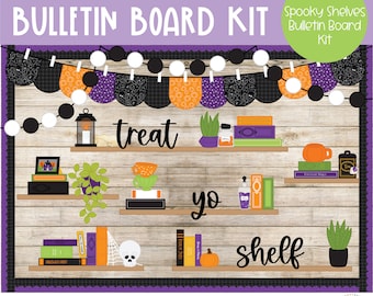May include: A Halloween-themed bulletin board kit with a wooden background and purple, orange, and black decorations. The kit includes shelves, books, a skull, a pumpkin, and a lantern. The text "treat yo shelf" is written on the bulletin board.