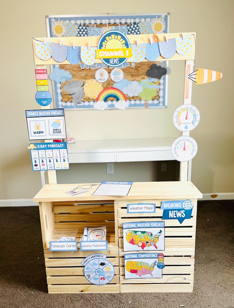 May include: A wooden weather station with the text "Channel 8 News". It features weather forecast cards, weather maps, and a 5-day forecast. The station includes a rainbow, sun, and cloud cutouts, and a wind vane.