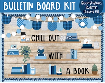 May include: A winter-themed bulletin board kit with the text "Bulletin Board Kit" and "Winter Bookshelves Bulletin Board Kit". The design features wooden shelves with books, a snowman, and the phrase "Chill Out With A Book". Decorative elements include blue and white banners and a border.