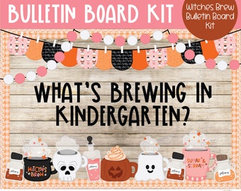 May include: A Halloween-themed bulletin board kit with the text "What's Brewing in Kindergarten?" The kit includes a banner with orange, black and white bunting, a wooden background, and a variety of Halloween-themed images, including witches' cauldrons, skulls, ghosts and pumpkins.