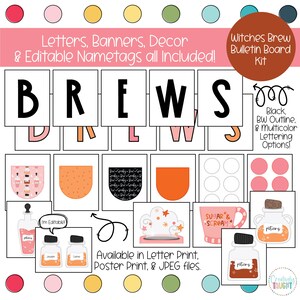 Puede incluir: Un kit de tablero de anuncios de Halloween imprimible con la palabra "BREWS" en letras negras. El kit incluye etiquetas de nombre editables, pancartas y decoraci&oacute;n. El kit est&aacute; disponible en impresi&oacute;n de letras, impresi&oacute;n de p&oacute;ster y archivos JPEG.