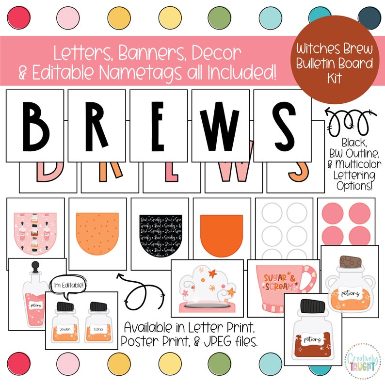 Puede incluir: Un kit de tablero de anuncios de Halloween imprimible con la palabra "BREWS" en letras negras. El kit incluye etiquetas de nombre editables, pancartas y decoraci&oacute;n. El kit est&aacute; disponible en impresi&oacute;n de letras, impresi&oacute;n de p&oacute;ster y archivos JPEG.