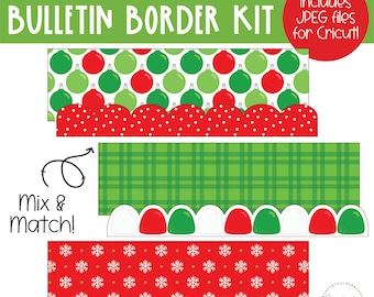May include: A set of three printable bulletin board borders featuring Christmas themes. The top border has a red and white polka dot scalloped edge with a pattern of green and red ornaments. The middle border has a green plaid pattern with a scalloped edge and a row of red and green candy canes. The bottom border has a red background with a white snowflake pattern and a scalloped edge with a green and white polka dot pattern. The text "Includes JPEG files for Cricut!" and "Mix & Match!" are also included in the image.